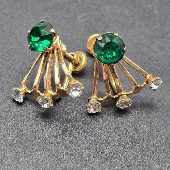 Van Dell 12K Gold Filled Necklace Earrings Set Green Rhinestone Vintage Jewelry - Picture 8 of 10